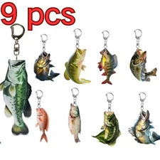 9 Piece-Set Bass Shaped Keychain Pendant Fish Camping Keyring Car Key Ring Chain