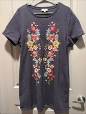 Umgee Navy Embroidered T Shirt Dress L Floral Pockets Boho Casual