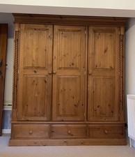Freestanding Wooden Triple Antique Pine Wardrobe Barley Sugar Detail