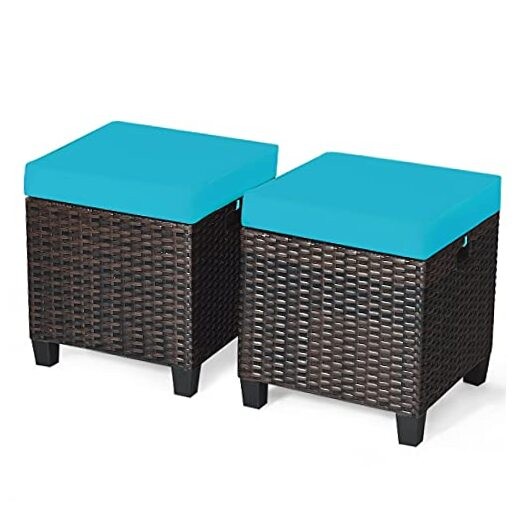 All Weather Rattan Wicker Ottoman Seat, Patio Rattan Furniture, Outdoor Footstool Footrest Seat W/Removable Cushions (Beige