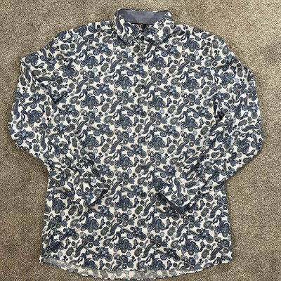 OLYMP Level 5 Body Fit Shirt 17/43 Blue Paisley Floral Dress Shirt Modern Slim