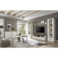 Landhaus Wohnwand Set Pinie Weiß Eiche Hell Led Beleuchtung Sideboard Vitrine