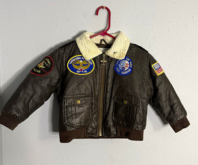 Vintage Boys 6 Leather Bomber Jacket Sherpa Collar Full Zip Patches