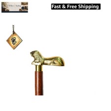 Antique Brass  Wood Cane - Walking Stick with Beautifully Carved Dog Knob Ha...