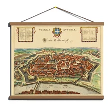 Antique 1657 Panoramic Map Town Plan of Vienna; Canvas Magnetic Wooden Hanger