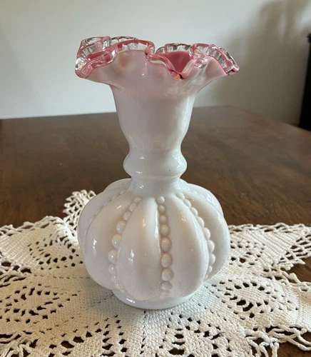 Vintage Fenton Melon Vase Pink Interior Ruffled Top Silvercrest Beaded Body