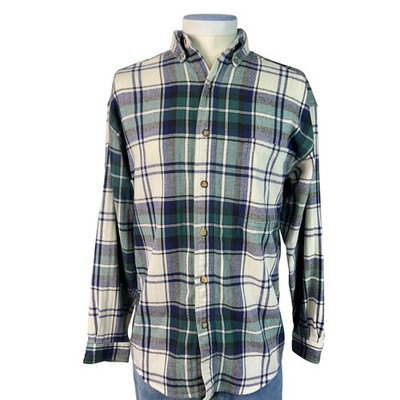 Vintage Structure Mens S Plaid Flannel Shirt Green Blue White Cotton Button Down