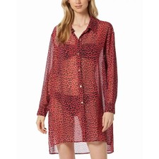 NEW Michael Kors Animal Print Swim Coverup Shirt Dress Medium Red Cheetah Spot