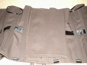 BROWN PINSTRIPE STEAMPUNK OVERBUST BUCKLED LACE UP CORSET 30 IN WAIST SIZE 12 14