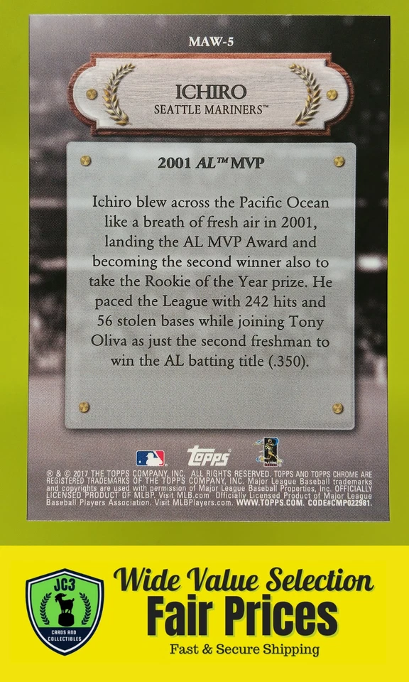 2017 Topps Chrome MLB Award Winners Ichiro Suzuki #MAW-5 Seattle Mariners Card - Image 2 of 2