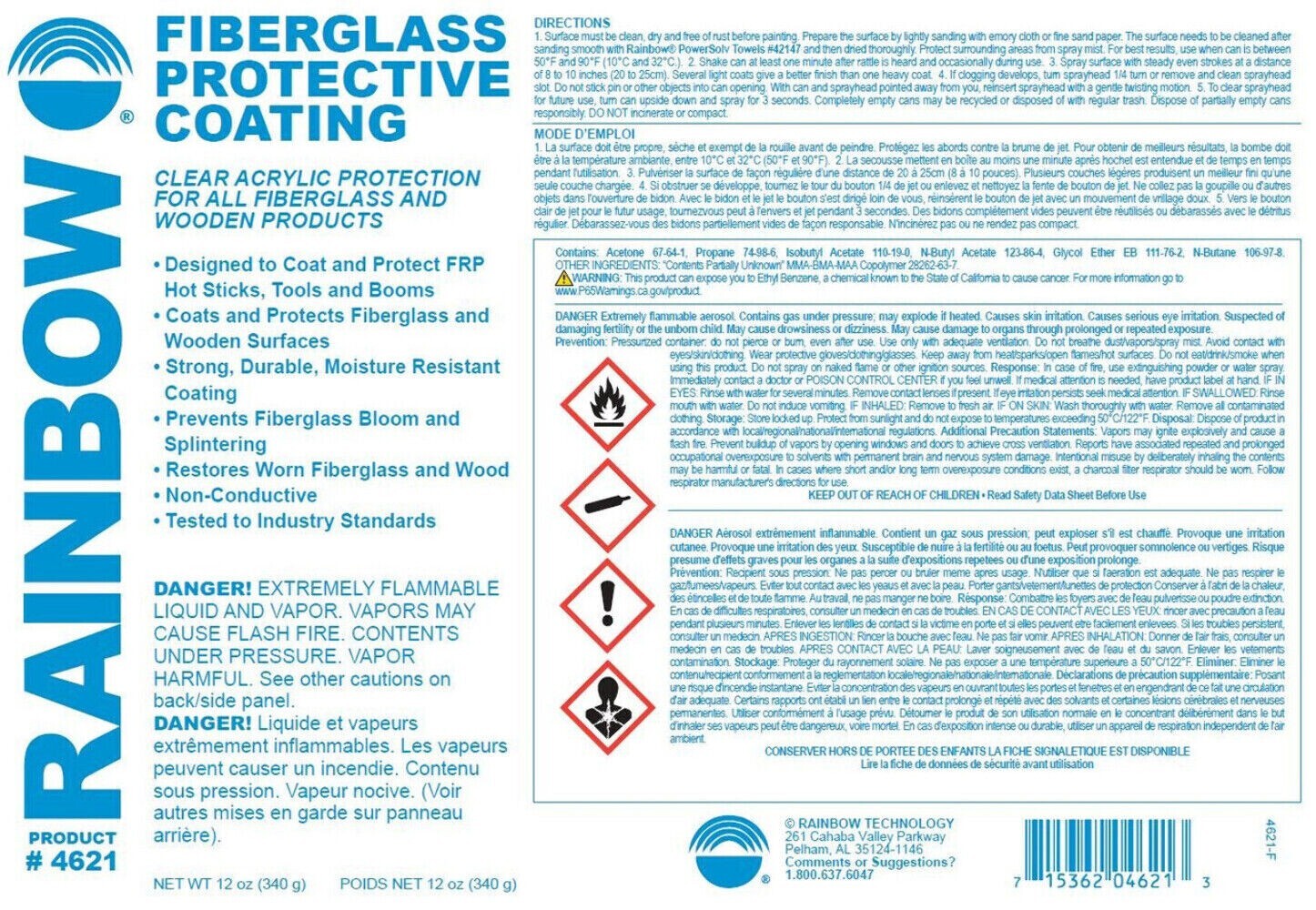 Rainbow 4621 Fiberglass Protective Coating Sealer Spray Fiberglass