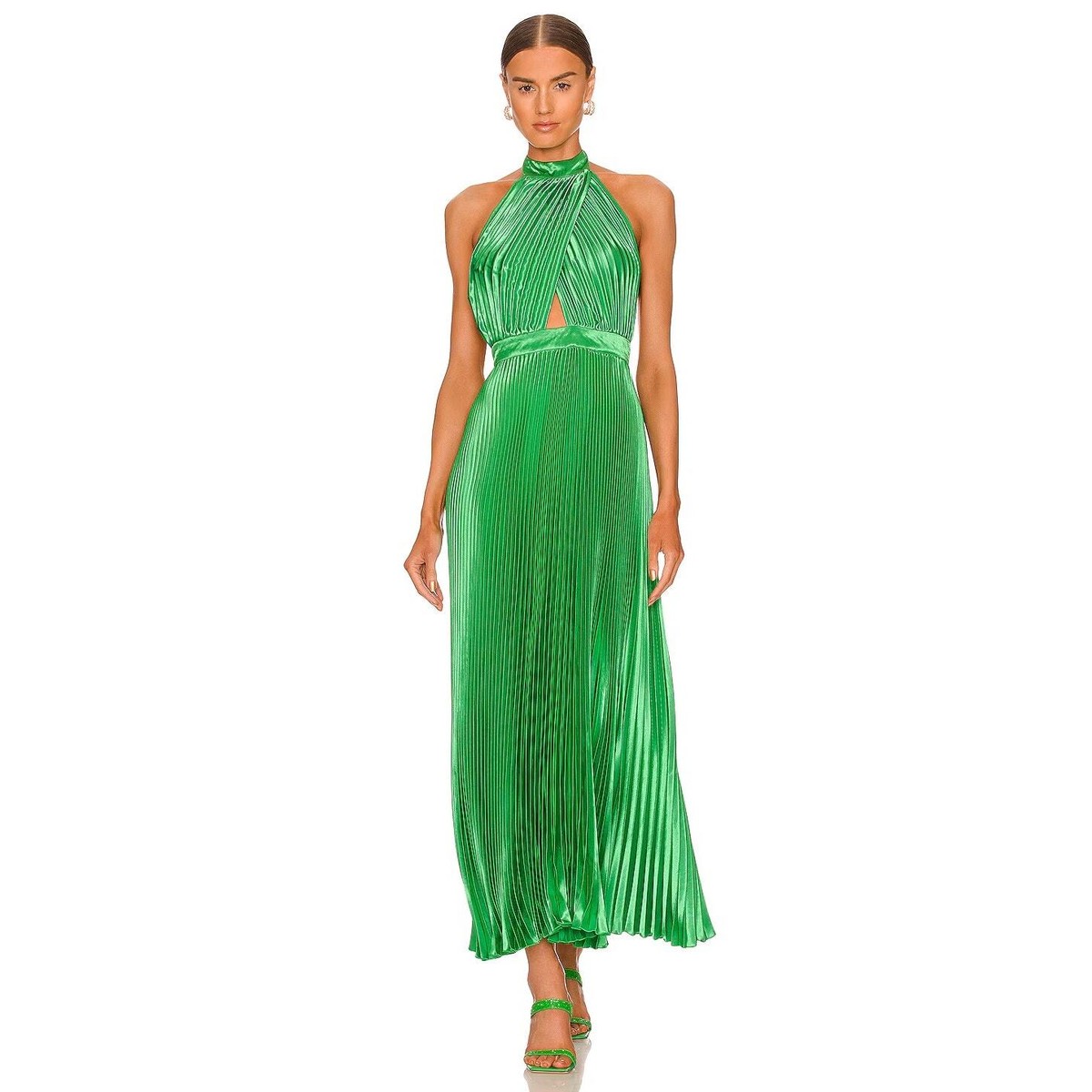 L'IDEE Renaissance Midi Dress Satin Pleated Halterneck Cut Out Bright Green  Sz 6 | eBay