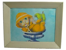 Large Big Eye KEANE Style Acrylic Painting Framed Girl in Bowl by Leean Swanson 