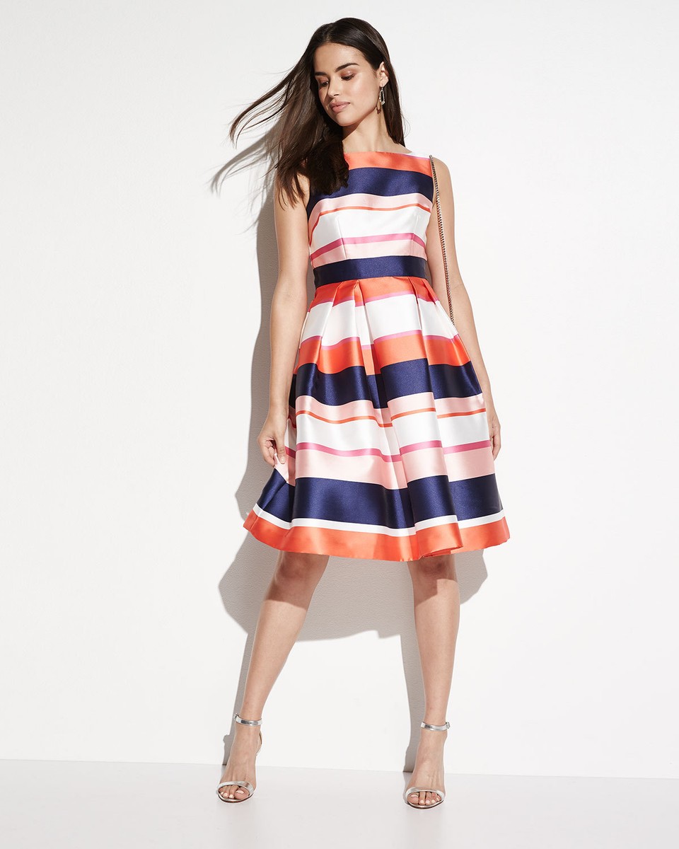 eliza j stripe fit and flare dress Eliza J Blue Stripe Halter Flare Dress