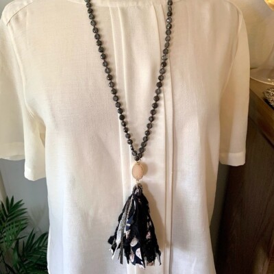 Long Tassel Druzy Necklace beads Gray Black taupe