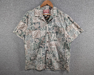 RJC Vintage 90er Herren Floral Tribal Hawaii Aloha USA Baumwolle Knopf Hemd L