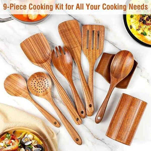 9PCS Wooden Utensils Set For Kitchen Handmade Natural Teak Wooden Cooking Spoons - Picture 5 of 12