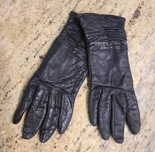 Vintage Size S Black Leather Lined 9.5" Gloves Formal Ruched Wrist