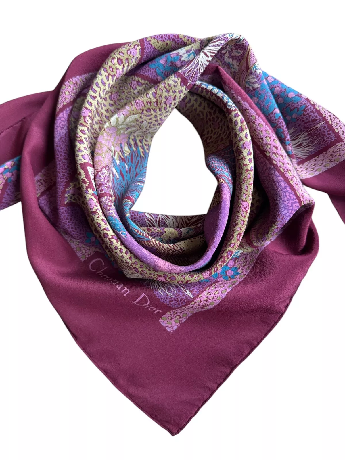 Foulard vintage Christian Dior 100% soie bordeaux écureuil floral rare collection