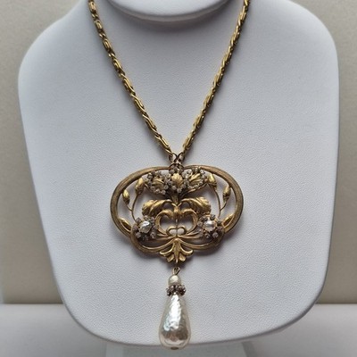 Vintage Miriam Haskell Brassy Gold Tone Art Nouveau Faux Pearl Necklace