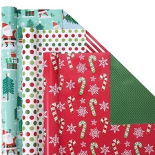 LaRibbons Reversible Christmas Wrapping Paper Rolls, Classic Santa/Winter Tre...
