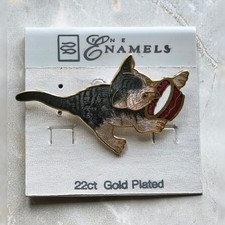 Vintage Kitten Enamel & 22K Gold Plate Cat Br...