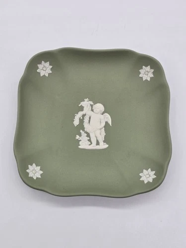 Vtg Square Wedgwood Sage Green Jasperware Trinket Dish 4" Cherub Angel Motif