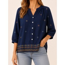 Figueroa  Flower Embroidered Boho Blouse Navy Hi Low Button Front Size S