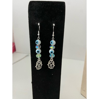 Handmade Sparkly hamsa evil eye earrings silver tone