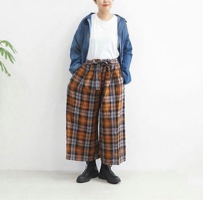 ICHI Antiquites Linen Check Wide Pants Orange Plaid Elastic Waist Japan M