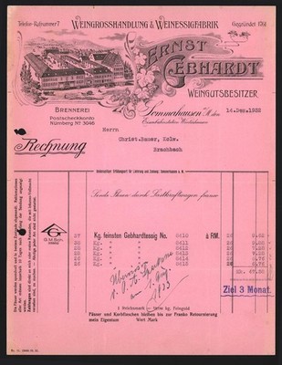 Rechnung Sommerhausen a. M. 1932, Ernst Gebhardt, Weingroßhandlung, Blick auf d 