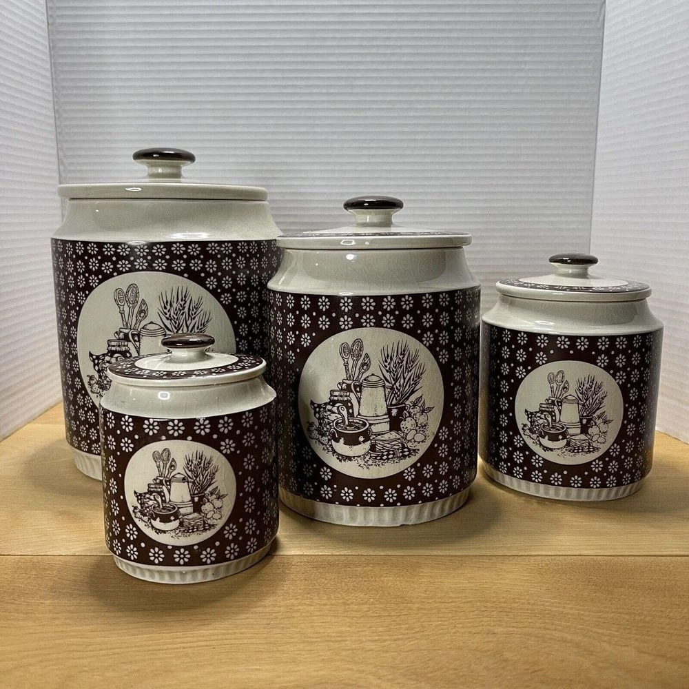 Vintage Country Kitchen 4 Piece Ceramic Canister Set Enesco Japan 1978