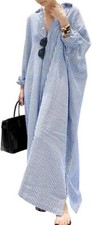 Women's Casual Long Sleeve Button Down Striped Cotton Maxi Shirt Dress