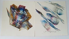 Pair of Original Artist Signed Abstract Paintings 7.75 by 8.5 Inches Unframed 