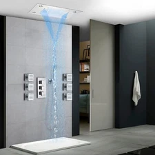 Thermostatic LED Rain Shower Head Ceiling Shower System Set Combo With Body Jets