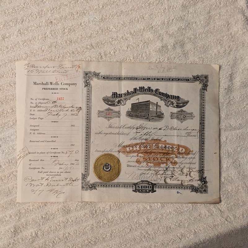 Marshall Wells preferred stock #1457 certificate antique vintage duluth mn