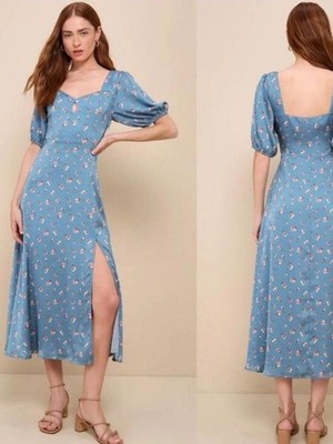 Lulus Slate Blue Floral Maxi Dress M Puff Sleeve Square Neck Side Slit