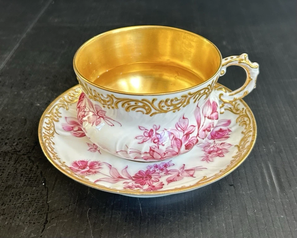 Antique Dresden For Burley &Co. HP Pink Floral Gold Encrusted Cup and Saucer Set - image 3 of 4