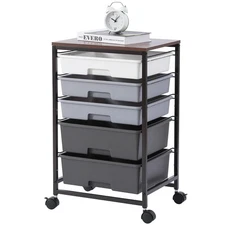Utility Cart with 5 Drawers Storage Trolley Wooden Tabletop Wheels Dark Grey