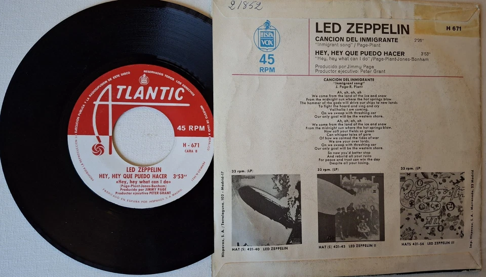 Led Zeppelin-Immigrant Song/Hey, Hey What Can I Do 7" Spanish P/S Atlantic 1970 - Image 2 of 2