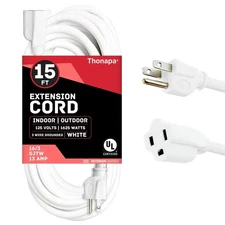 White Extension Cord 15ft 16/3 SJTW Electrical Cable for Home and Office