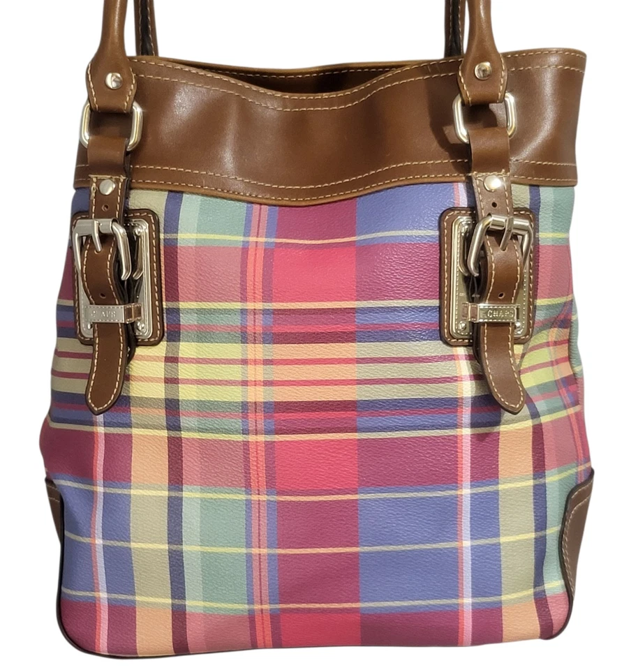 CHAPS Polo Handbag Shoulder Bag Plaid Pleather Double Handle Pockets Preppy - Image 3 of 4
