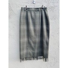 Ralph Lauren Womens Gray Green Plaid Wool Fringe Skirt 12P Academia Heritage