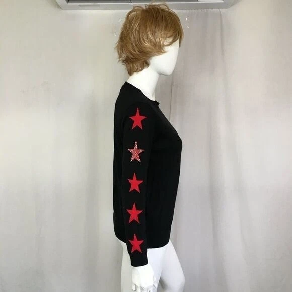 Suéter Pullover Elan Negro Rojo Adornado Estrellas A lo Largo Mangas Largas Talla M Foto 3 de 4