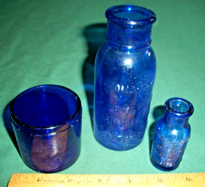 Vintage Lot of 3 Cobalt Blue Glass 2 Bromo Seltzer Bottles 1 Guerlain Jar
