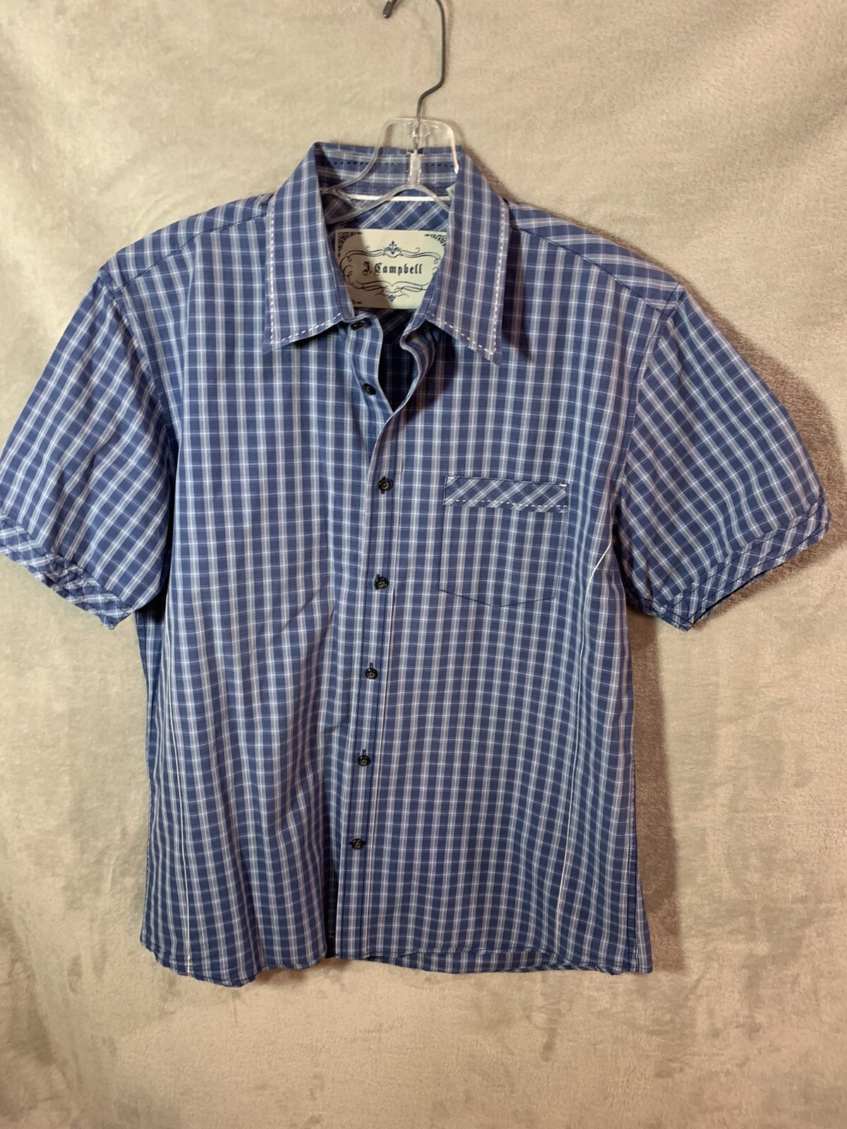 James Campbell Mens Button Down Shirt Size Large Blue Plaid Casual Short Sleeve