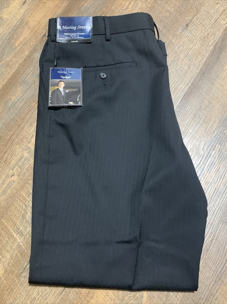 Meeting Street Mens Flex Fit Pleated Dress Pants Black Cuffed 36x30