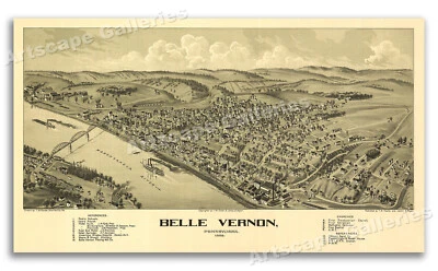 Bird's Eye View 1902 Belle Vernon Pennsylvania Vintage Style City Map - 14x24