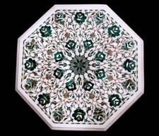 18" Marble Table Top Semi Precious Malachite Inlay Handmade Work Home Decor 