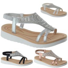 Ladies Womens Comfort Diamante Summer Low Wedge Heel Peep Toe Sandals Shoes Size